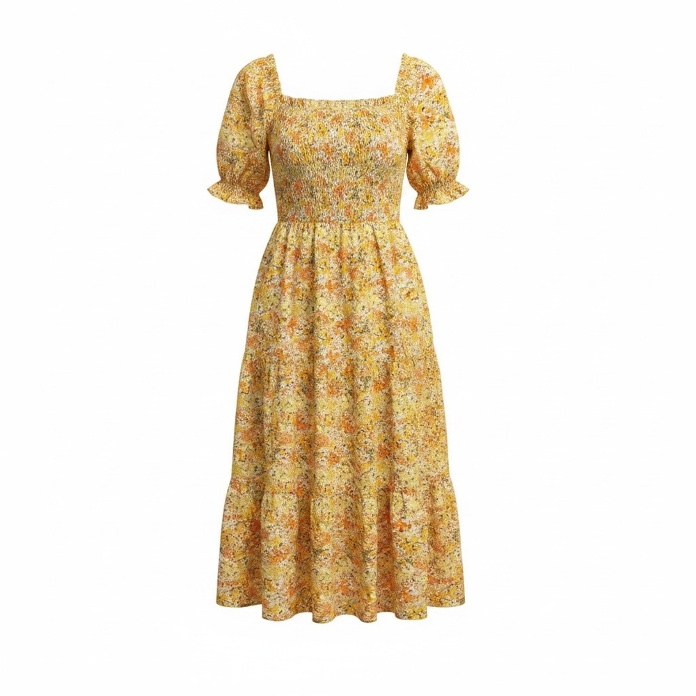 Garden Floral Smocked Midi Dress 4 Yellow Cottagecore Puff Sleeve Boho Tiered